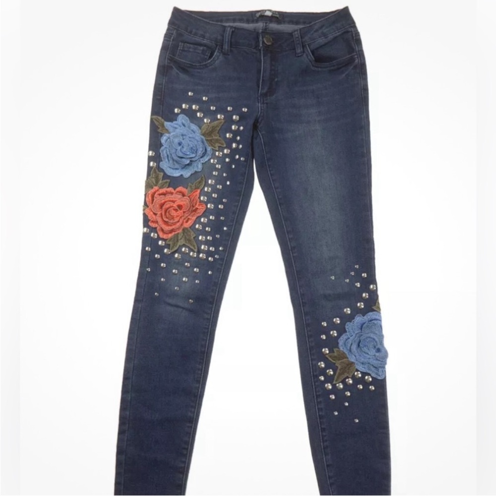 Boom Boom Skinny Jeans Juniors Sz 11 Studded Floral Medium Wash Blue Denim Jeans